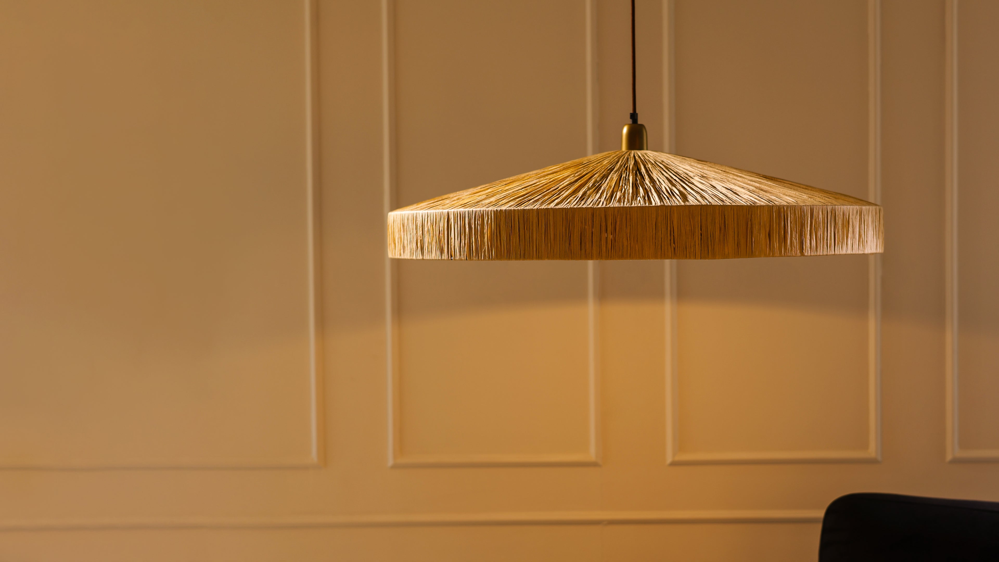 Decorative pendant light hanging against a beige paneled wall